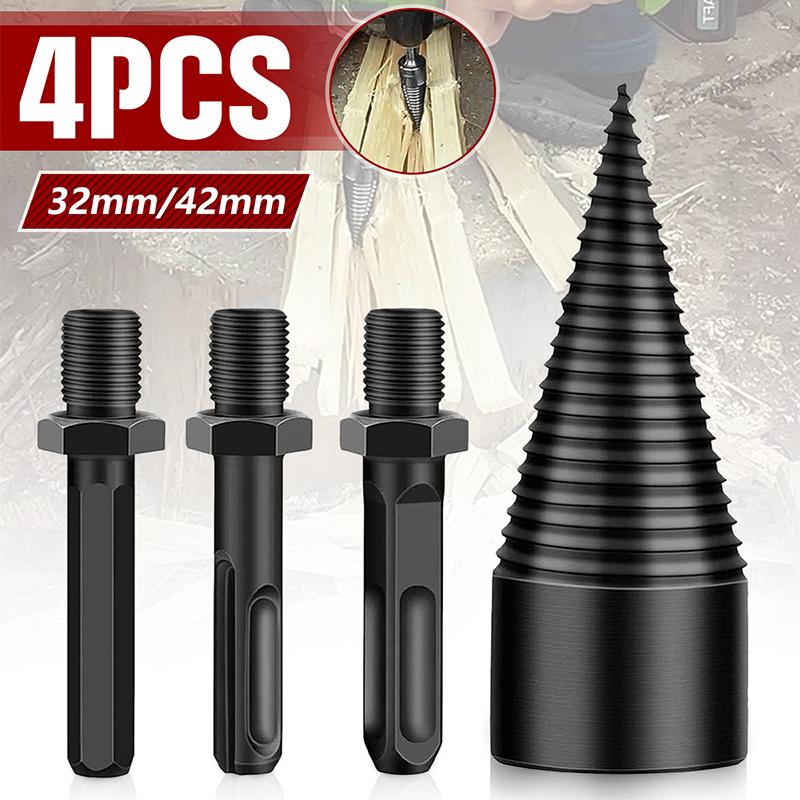 4Pcs 32/42mm Round/Square/Hexagonal Shank Firewood Drill Bit Splitter Wood Split Cone Drill Bit For Tree Cutting