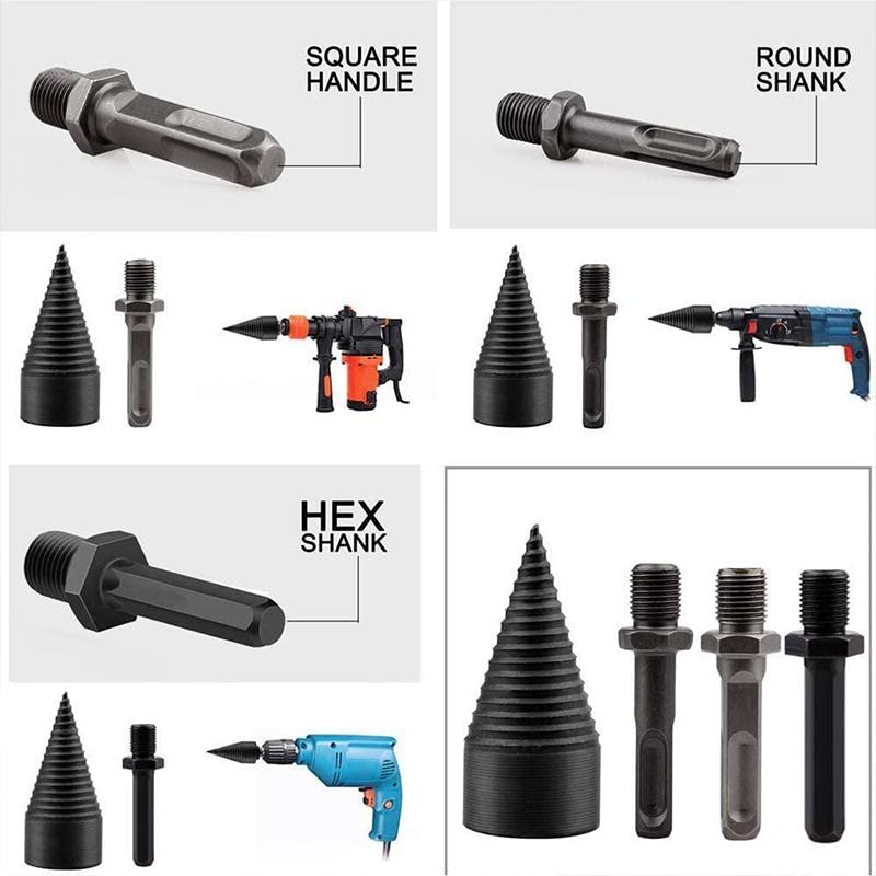 4Pcs 32/42mm Round/Square/Hexagonal Shank Firewood Drill Bit Splitter Wood Split Cone Drill Bit For Tree Cutting