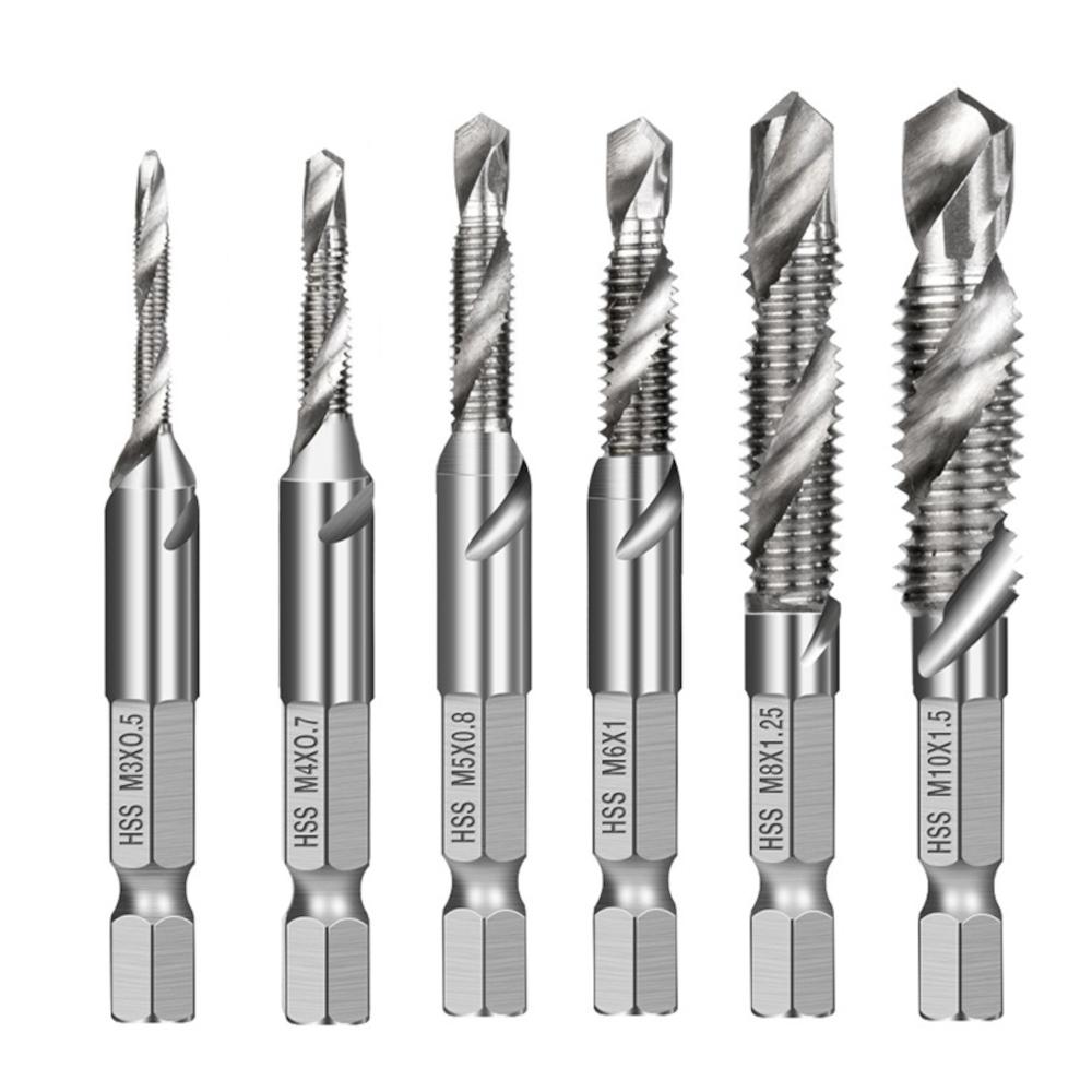 6Pcs 1/4 Inch M3-M10 Screw Tap  Combination Drill Tap Bit Set Hex Shank Deburr Countersink Bits