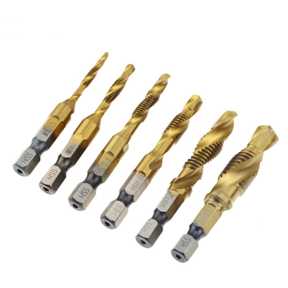 6Pcs 1/4 Inch M3-M10 Screw Tap  Combination Drill Tap Bit Set Hex Shank Deburr Countersink Bits