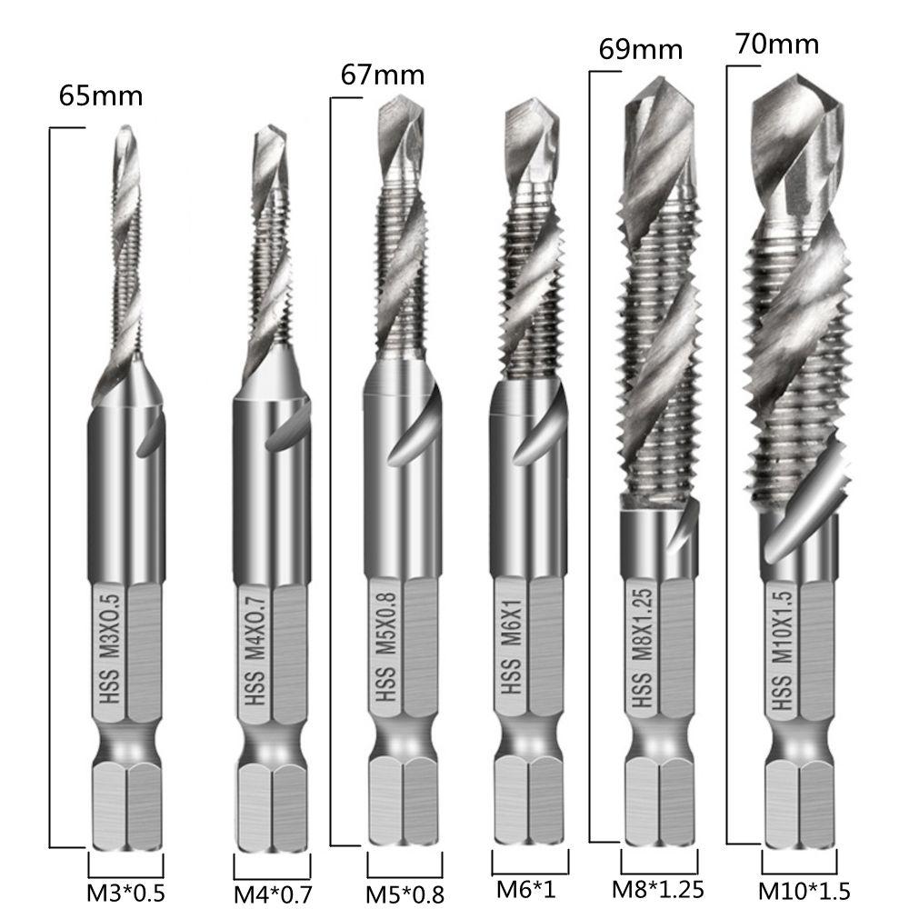 6Pcs 1/4 Inch M3-M10 Screw Tap  Combination Drill Tap Bit Set Hex Shank Deburr Countersink Bits