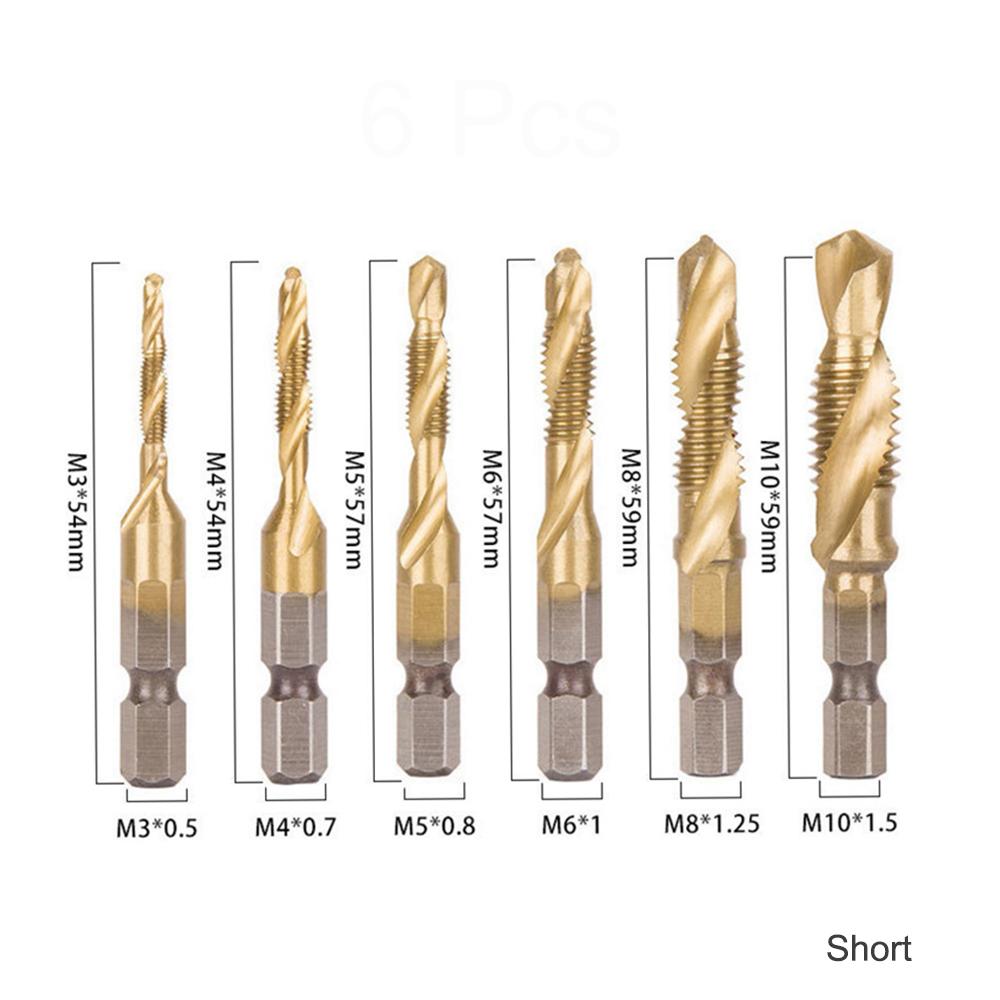 6Pcs 1/4 Inch M3-M10 Screw Tap  Combination Drill Tap Bit Set Hex Shank Deburr Countersink Bits