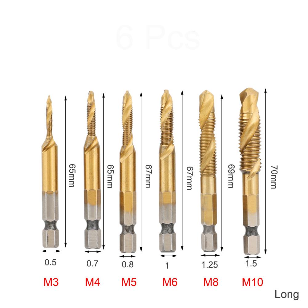 6Pcs 1/4 Inch M3-M10 Screw Tap  Combination Drill Tap Bit Set Hex Shank Deburr Countersink Bits