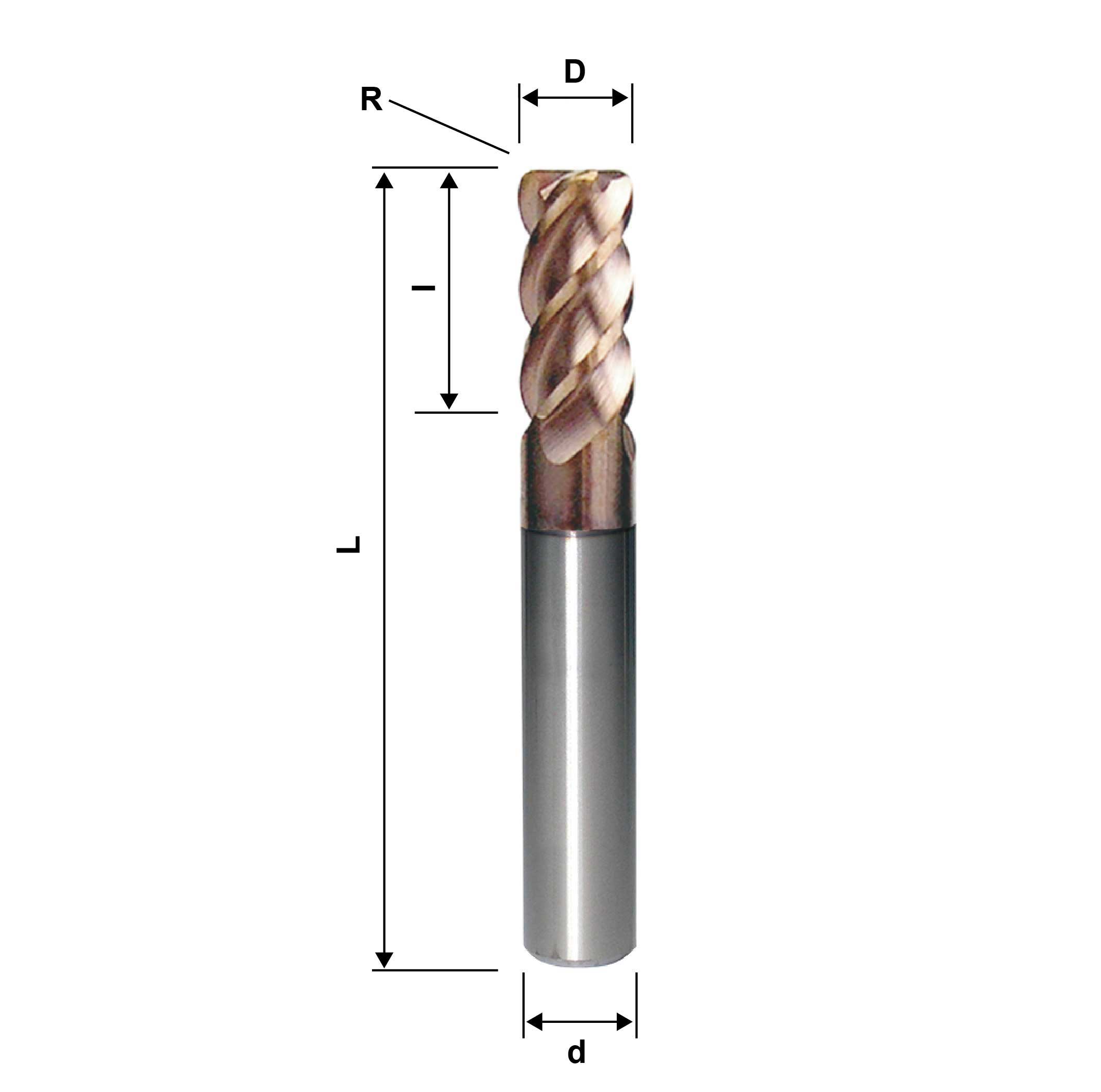 10mm Corner Radius End Mill 4 Flute 0.5R, TXM Coated, HRC45, 3/8" Shank,  Made In China
