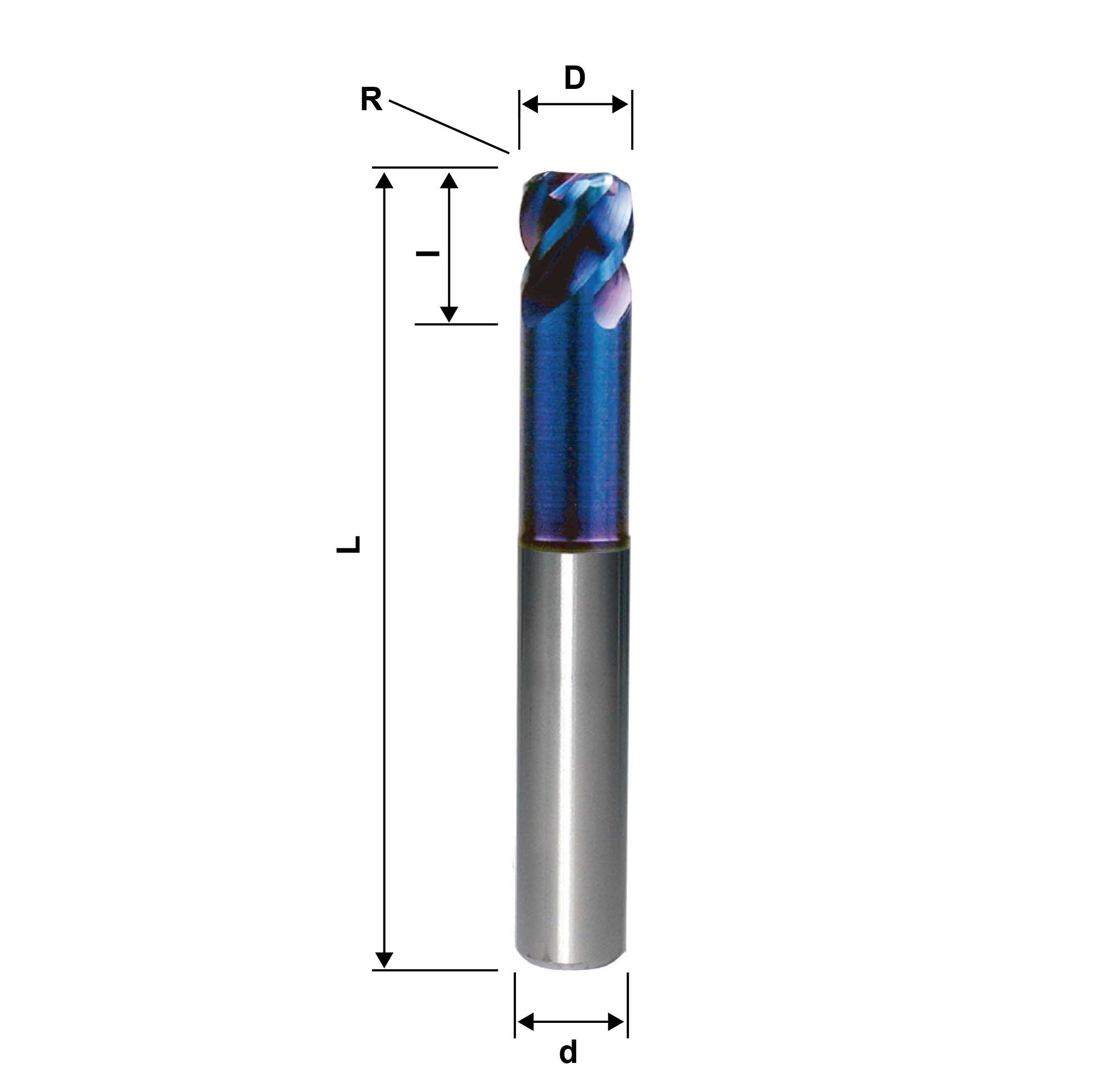 2mm Corner Radius End Mill 4 Flute, 0.5R, HRC68, Blue NB Coated, 3/16" Shank,  Made In China