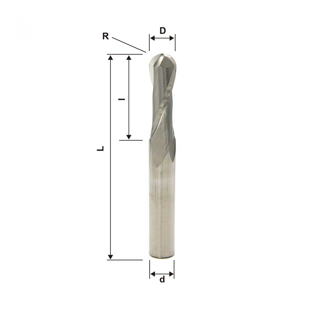 4mm 2R, Ball End Mill, 2 Flute, Aluminum Alloy, HRC 35,  1/8" Shank, 1/2" Flute(L) ,Made In China