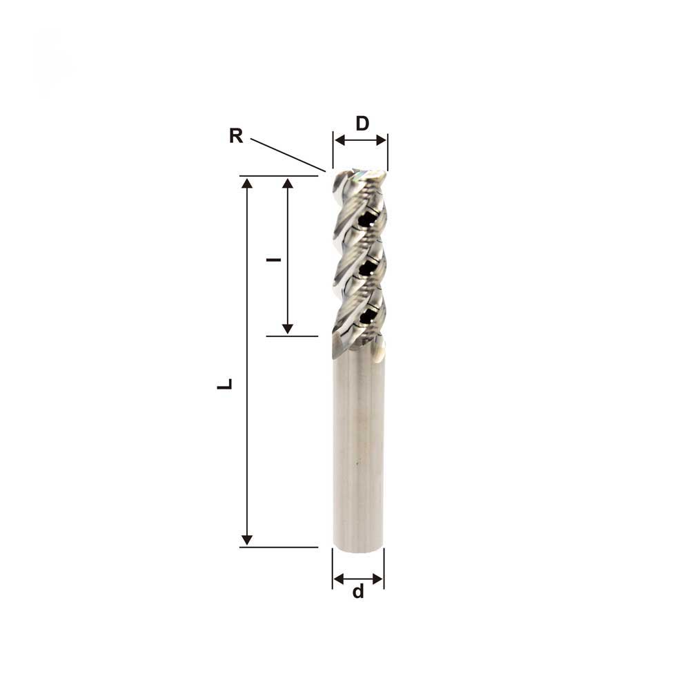 6mm 0.5R, Corner Radius End Mill, 3 Flute, Aluminum Alloy, 1/4" Shank, Made In China