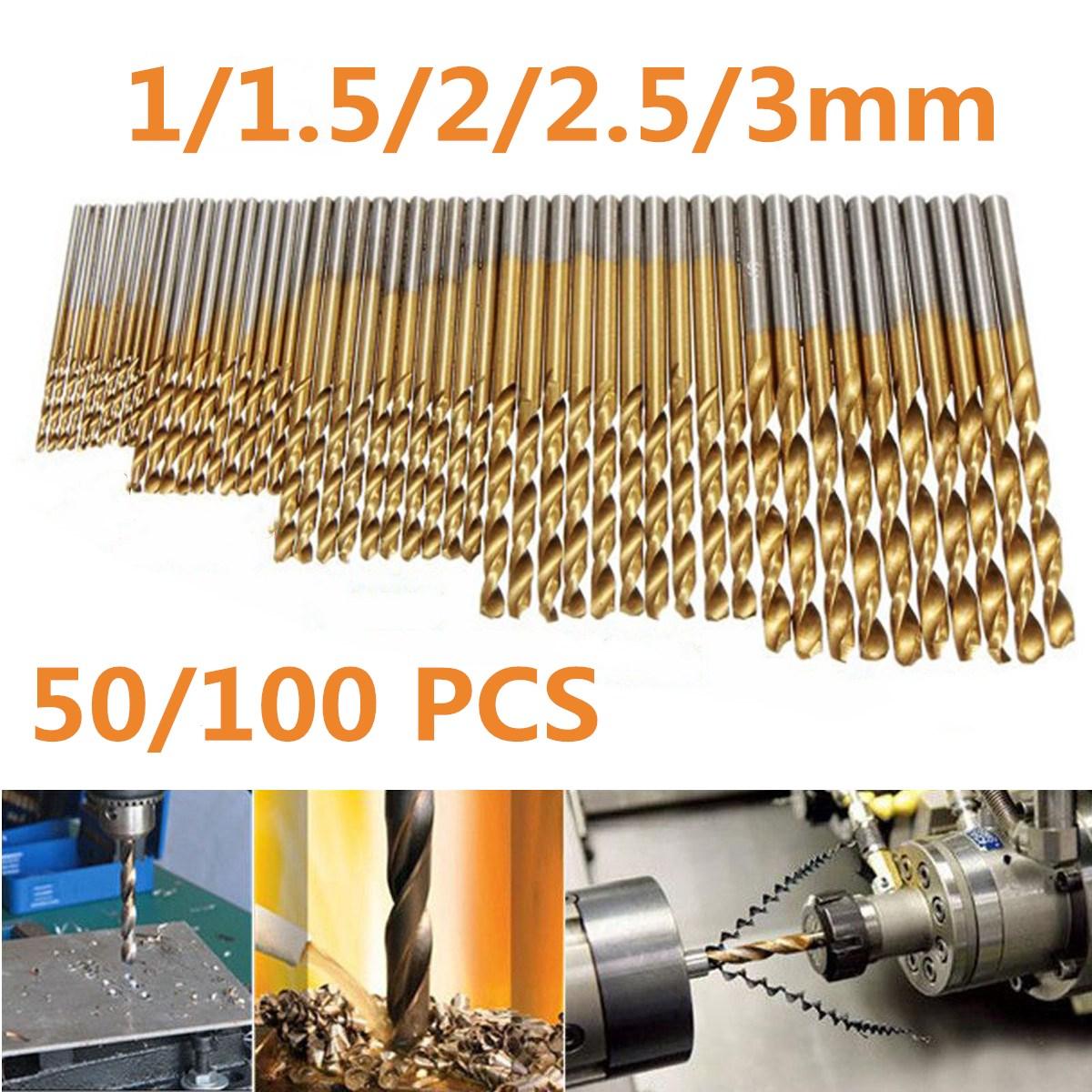 Socoje 50PCS 1/1.5/2/2.5/3mm  Titanium Coated Twist Drill Bits High Speed Steel Drill Bit Set