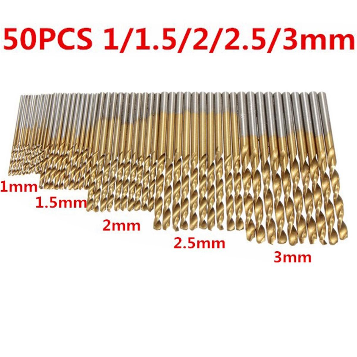 Socoje 50PCS 1/1.5/2/2.5/3mm  Titanium Coated Twist Drill Bits High Speed Steel Drill Bit Set