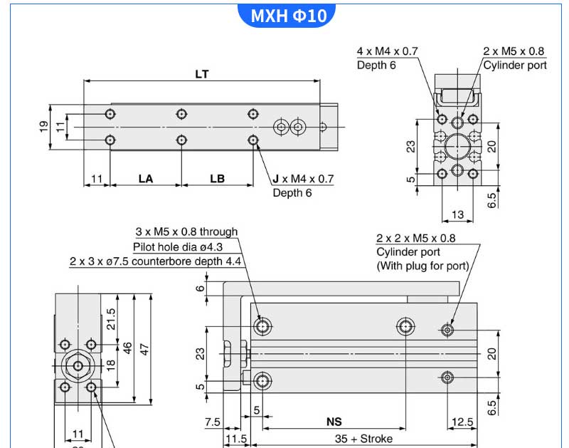 MXH10/HLH series aluminium alloy double acting compact sliding table pneumatic cylinder SMC type