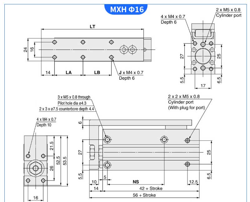 MXH10/HLH series aluminium alloy double acting compact sliding table pneumatic cylinder SMC type