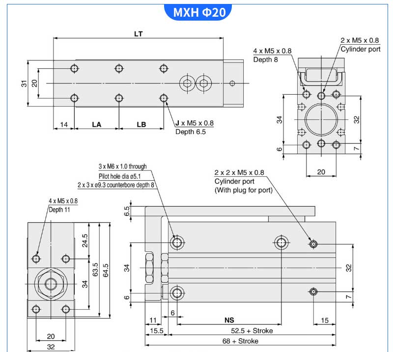 MXH10/HLH series aluminium alloy double acting compact sliding table pneumatic cylinder SMC type