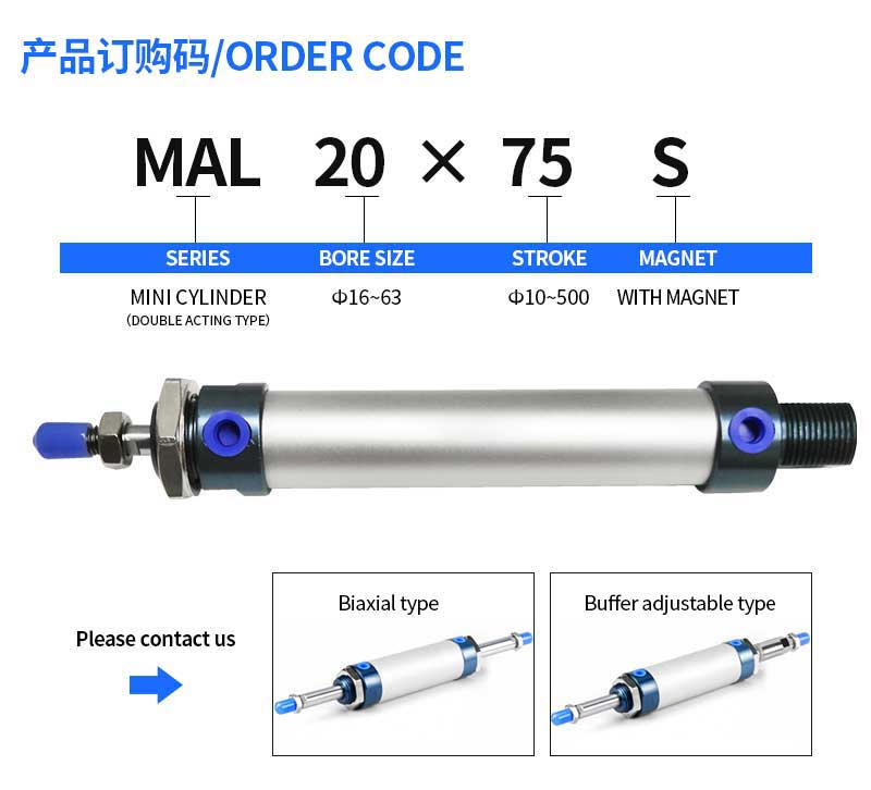 MAL25X25  MAL25X50 MAL25X75 MAL25X100  MAL25X125 MAL25X200  MALD MALJ Aluminum alloy mini pneumatic cylinder