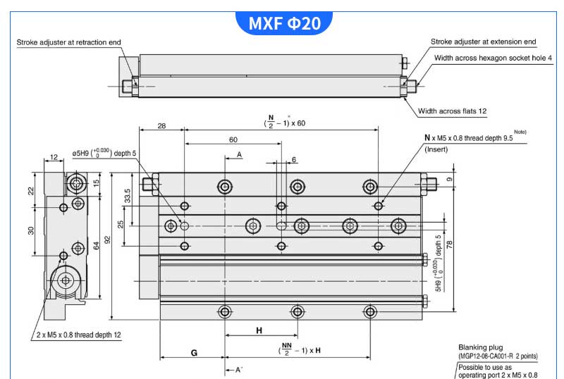 MXF type 8mm 12MM 16mm 20mm guide slide pneumatic cylinder