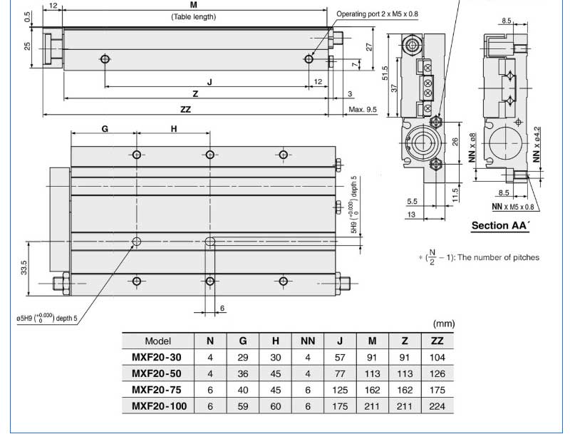 MXF type 8mm 12MM 16mm 20mm guide slide pneumatic cylinder