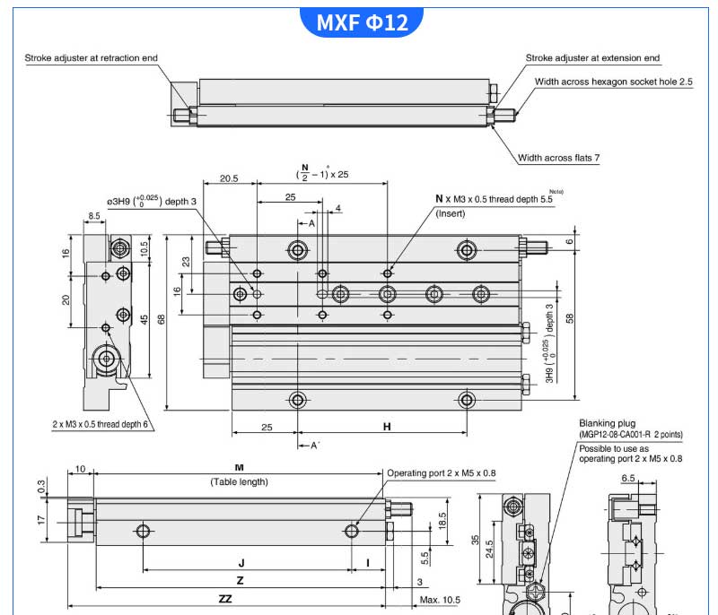 MXF type 8mm 12MM 16mm 20mm guide slide pneumatic cylinder