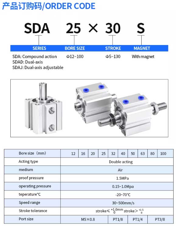SDA SDAD SDAJ  Compact cylinder Standard Piston Clamp Pneumatic Air Cylinder