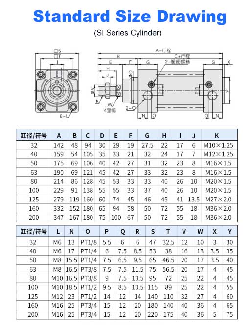 SI Series Double Acting  Silver Aluminum Alloy  Pneumatic Air Standard Pneumatic Cylinder
