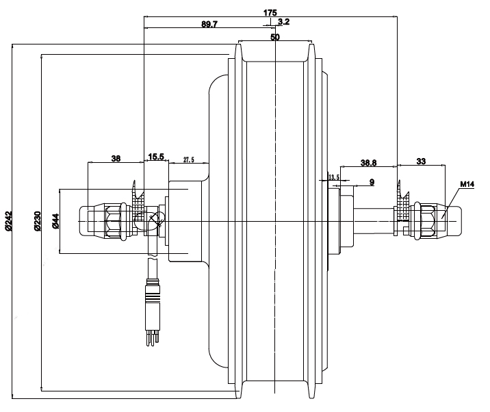 3000W Gearless Hub Motor, 72V, 80 N.m