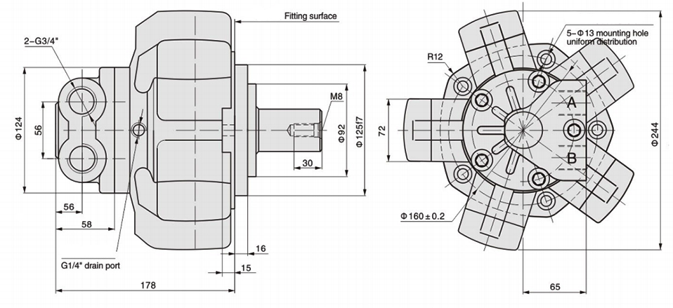 10 hp 1000~1500 rpm Radial Piston Hydraulic Motor, 20MPa