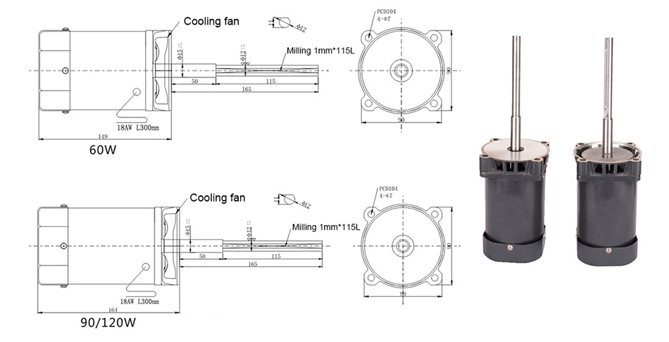 60/90/120W 165mm Long Shaft Induction Motor, 1300 rpm