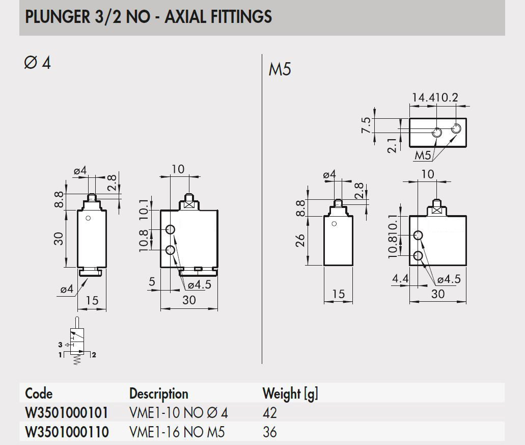 W3501000101 VME1-10 3/2 NO Axial fittings Ø 4