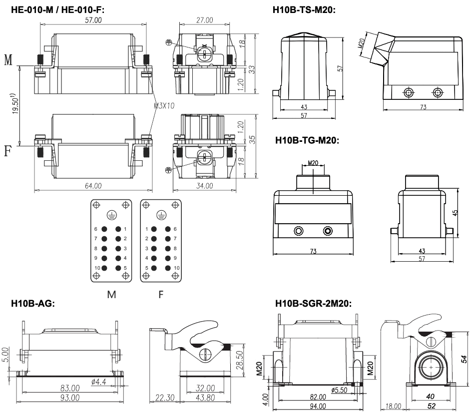 Heavy Duty Connector, 10 Pin, AC 250V/500V, 16A