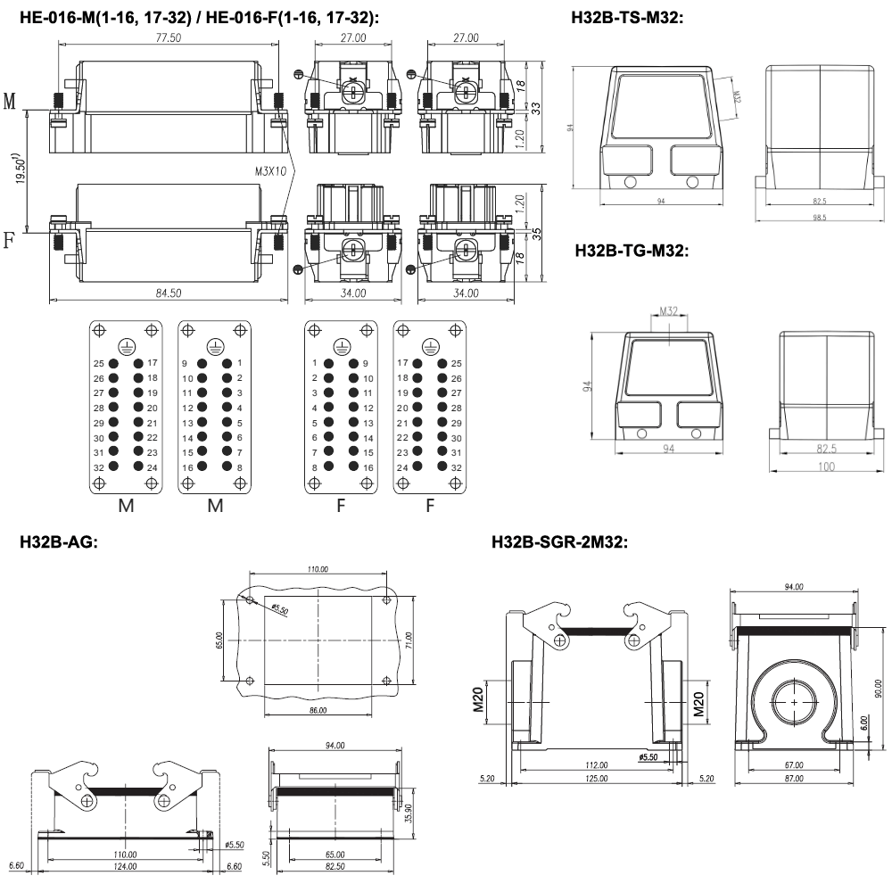 Heavy Duty Connector, 32 Pin, AC 250 Volt / AC 500 Volt, 16A