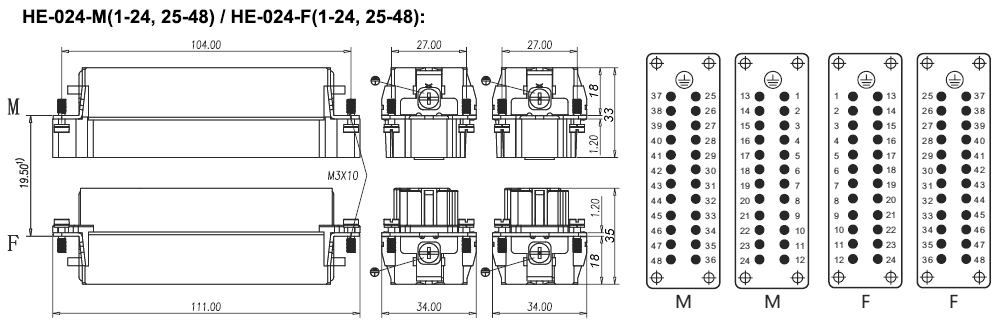 Heavy Duty Connector, 48 Pin, AC 500 Volt / 16A