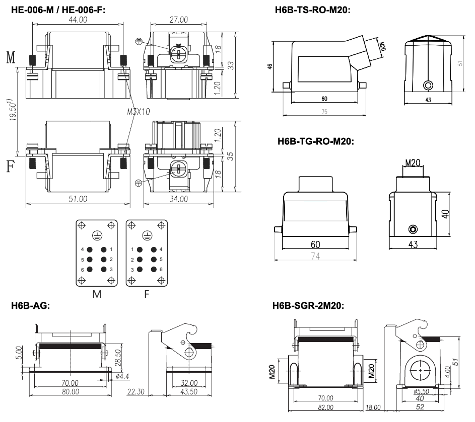Heavy Duty Connector, 6 Pin, AC 500V / 16A