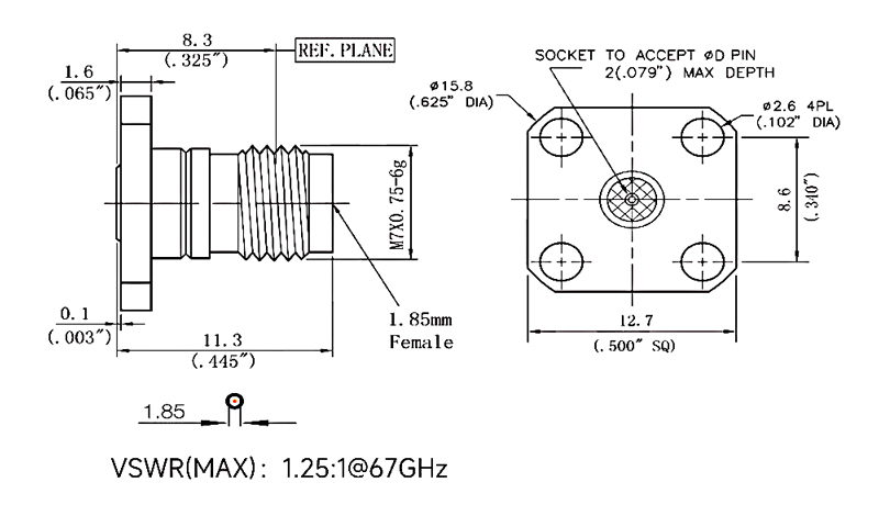 1.85mm Female RF Coaxial Connector, Flange Mount