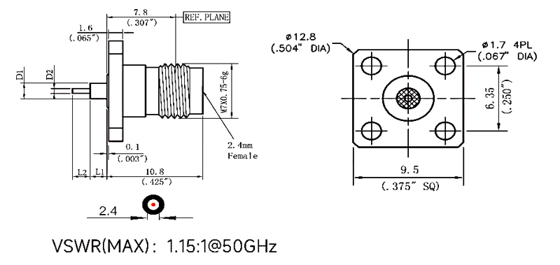2.4mm Female RF Coaxial Connector, Flange Mount