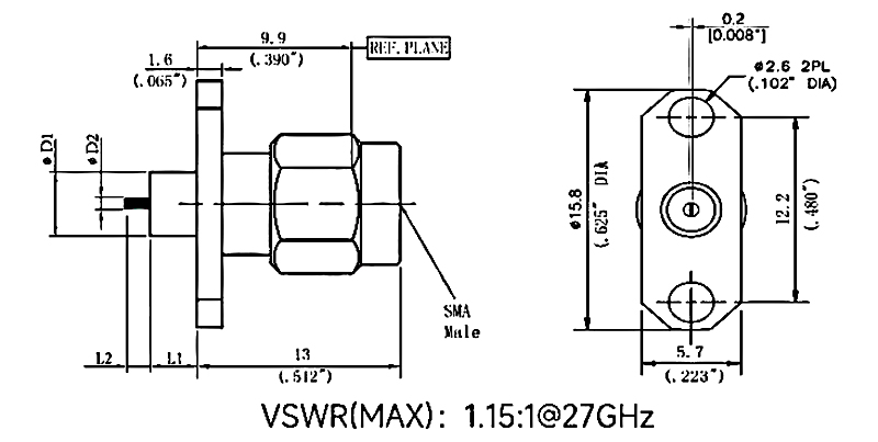 SMA Male RF Coaxial Connector, Flange Mount