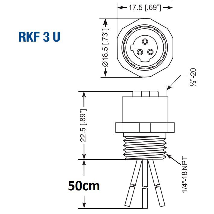 M12 3-Pole Panel Mount Female with 50cm wiring (RKF 3U/0,5M)