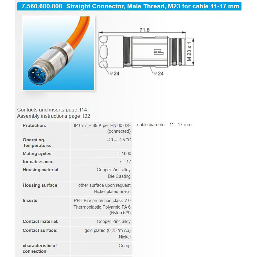 M23 Power Cable Connector Male (Housing/Insert/Contacts)