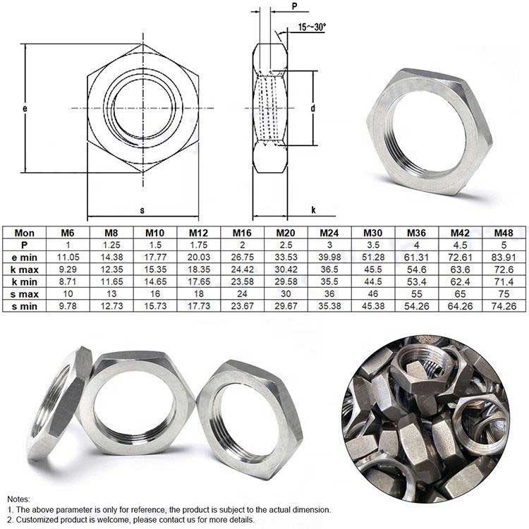 DIN439 Customized Thin Sheet Nut Insert SS304 A4-70 Chamfered Hex Thin Nuts