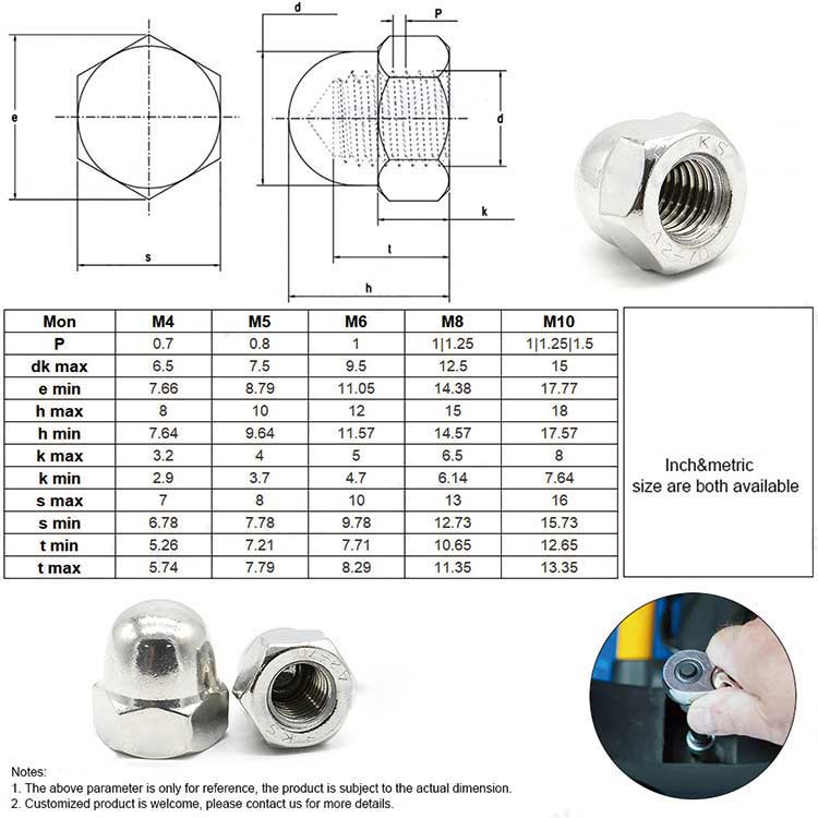 DIN986 Nylon Cap Bolt And Nut Type Lock Nut Insert 304 Stainless Steel DIN986 Hex Domed Head Nuts with Nylon Insert
