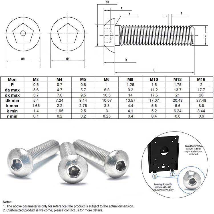 High Quality And Security Screws Stainless Steel 304 316  5-Point Socket Button Head Pentagon Screw