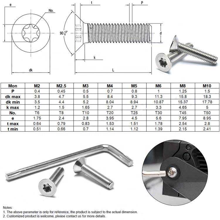 Stainless Steel & Zinc Plated Custom M2 M4 M8 M10 Vrious Type Torx CSK Head Security Screws