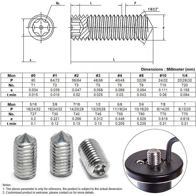 Precision Thread Stainless steel SS304 316 Standard Size Precision Thread Cone Point Torx Pin Set Screws