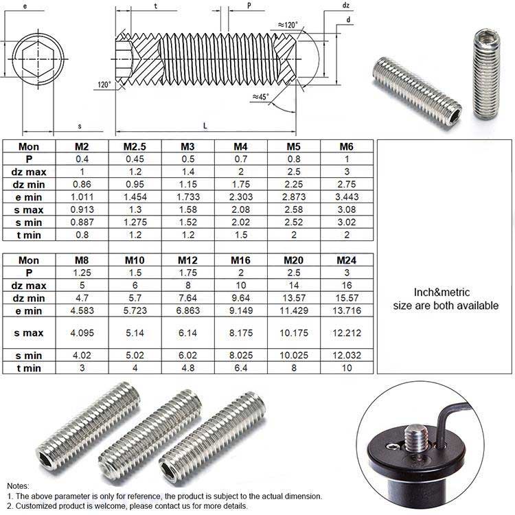 Stainless Steel 304 M2 M3 M4 M6 M8 Flat Cone Dog Cup Torx Hex Socket Set Screws