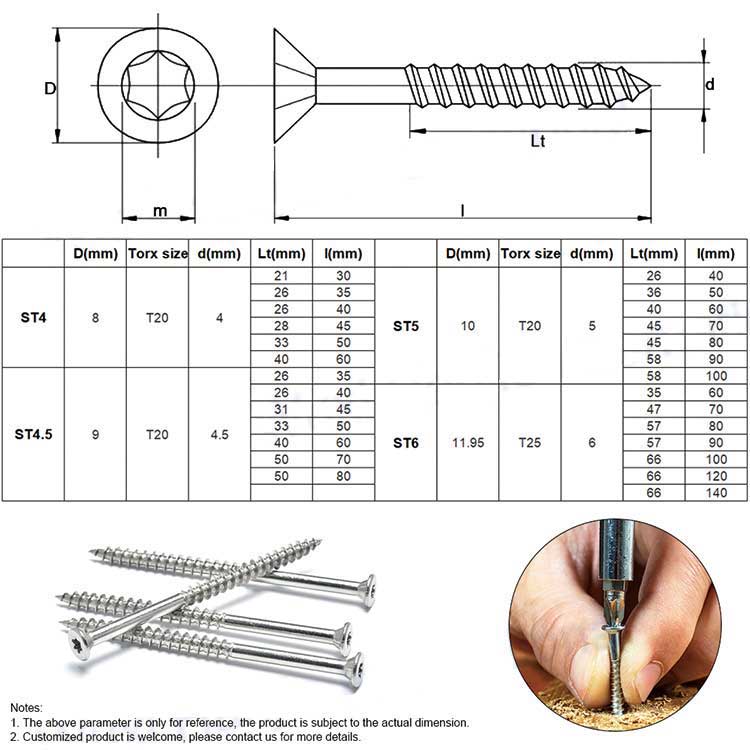 st6*55 SS304 countersunk wood screw torx