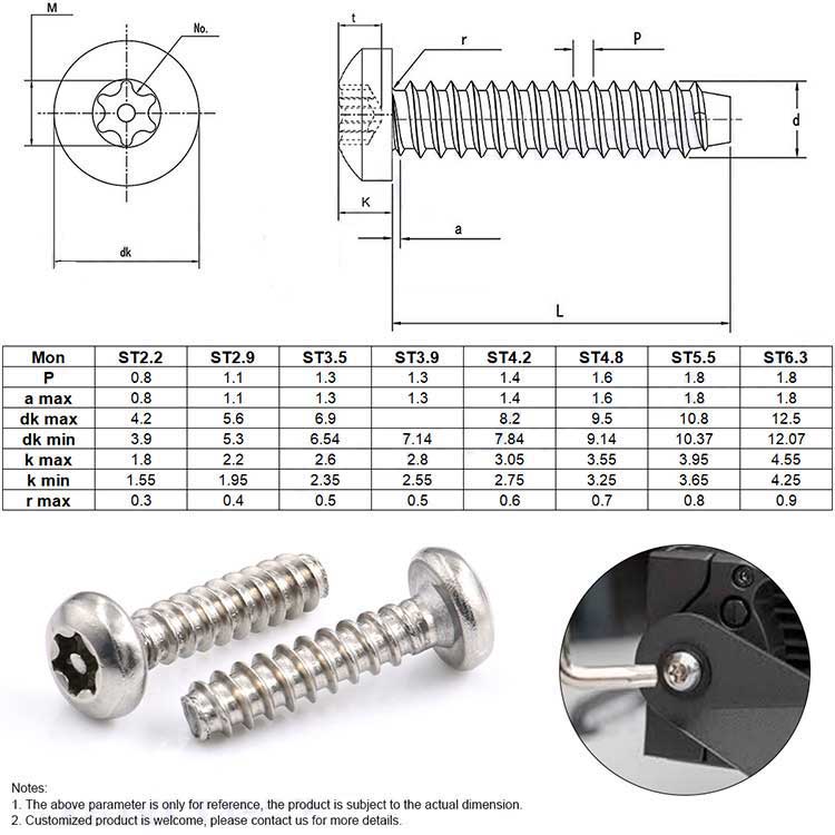 Stainless Steel 304 Pan Torx Pin Head Thread Forming PT Thread Self Tapping Screw