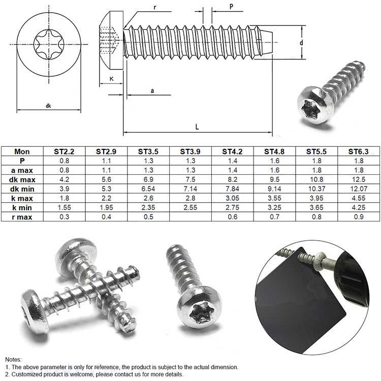 Stainless Steel or Zinc Plated  Pan Torx Head Thread Forming Self Tapping Screw for Plastic