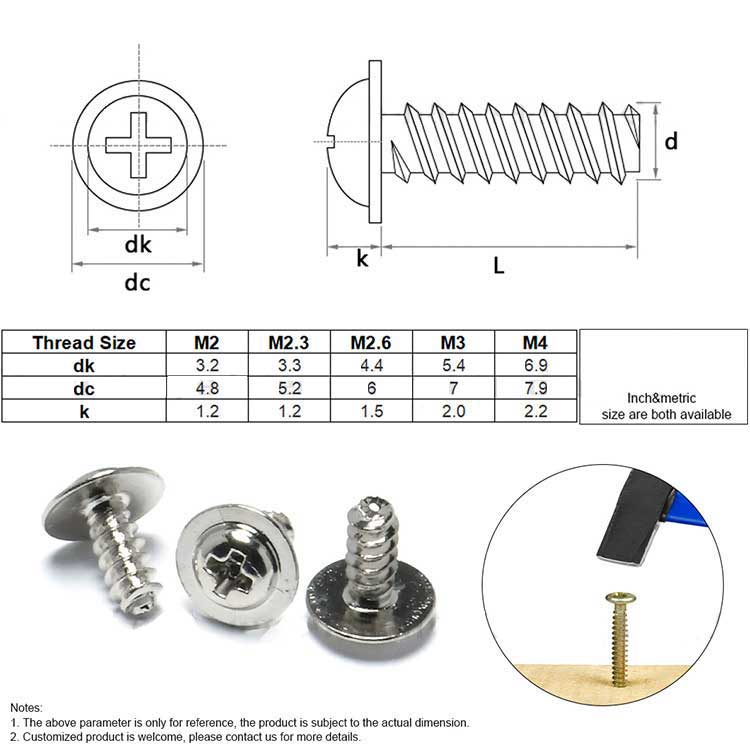 Stainless Steel Phillips Pan Wafer Head Thread Forming Blunt Point Self Tapping Screw for Plastic