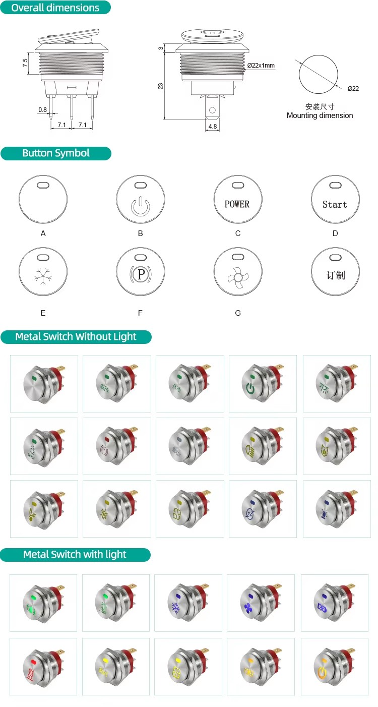 Dial Switch 22m Customized Power Logo metal push button switch illuminate