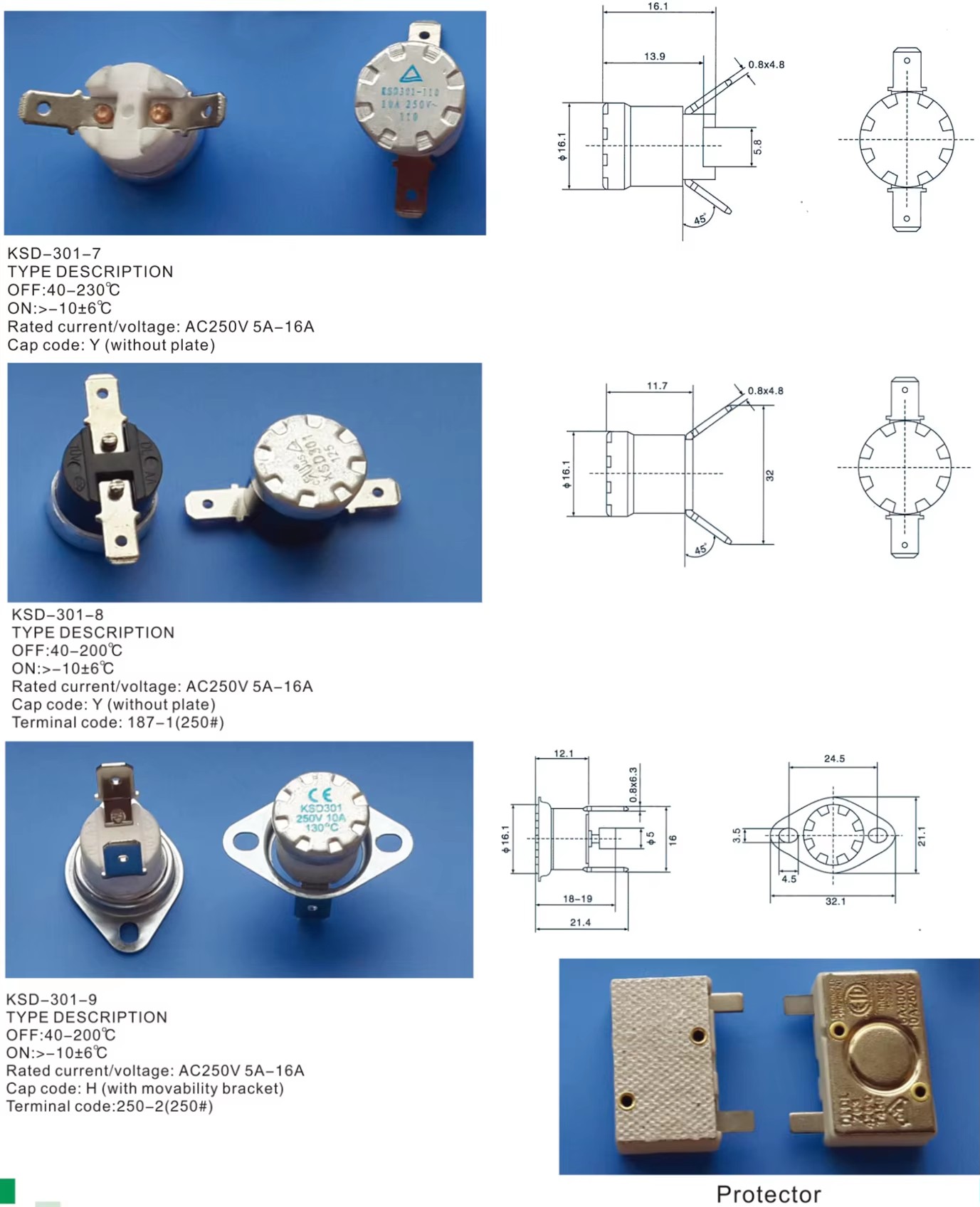 16a 250v termostato ksd301 Thermal switch Fryer thermostat