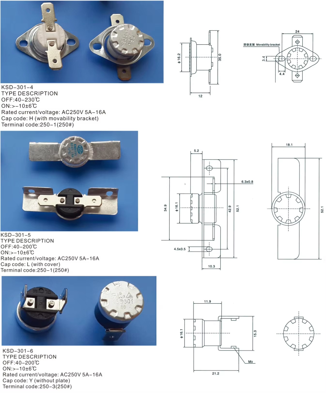 16a 250v termostato ksd301 Thermal switch Fryer thermostat