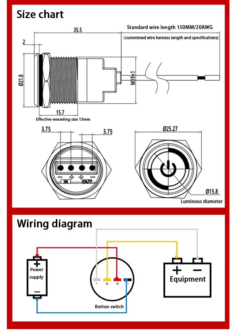 19MM 22MM Touch Switch With Wire Waterproof Metal Push Button Switch Stainless Steel Metal Piezo Switch IP68 NO NC
