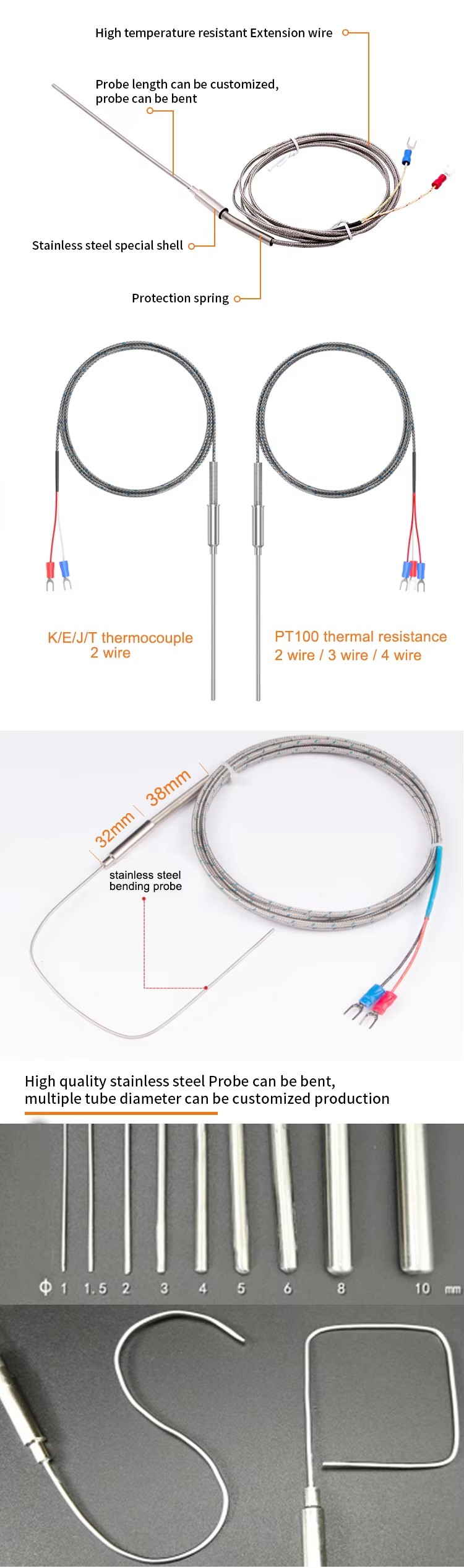 1mm 1.5mm stainless steel probe melting furnace high thermocouple sensor thermocouple k-type